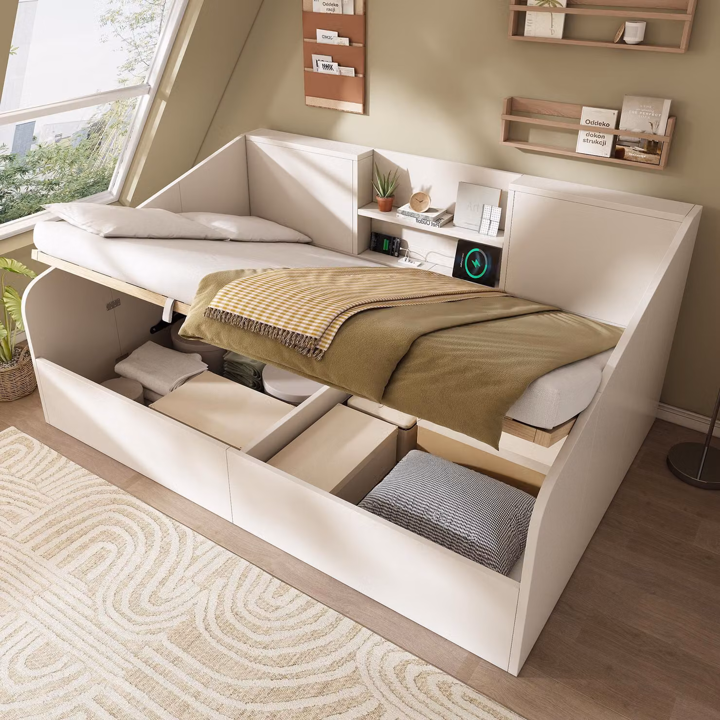okwish divano letto 140x190 daybed con angoli arrotondati e tre porte USB, daybed letto per giovani con 2 ripiani e rete, bianco (senza materasso)