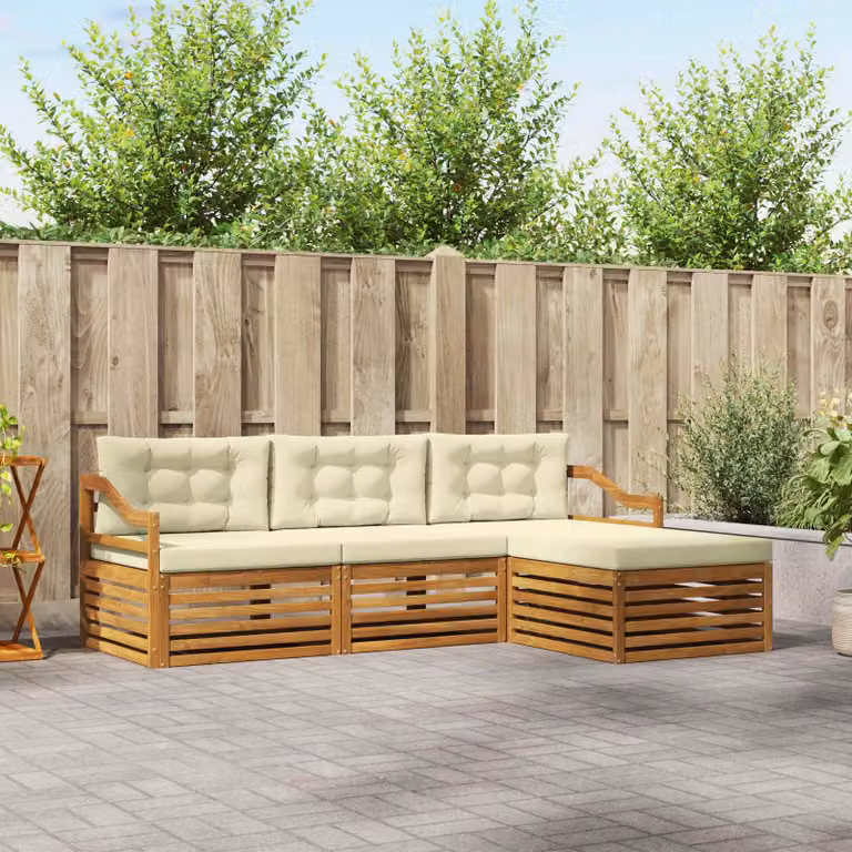 Set di divani da esterno vidaXL a forma di L con pouf, struttura in legno di acacia e cuscini beige e bianchi
