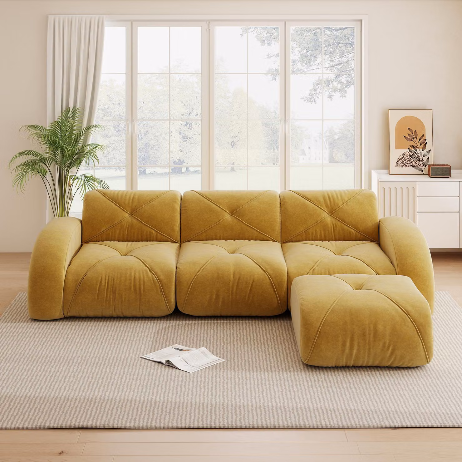 Divano modulare a forma di L, giallo, divano a tre posti senza necessità di montaggio, realizzato in tessuto chenille. Design senza struttura, con poggiapiedi e base antiscivolo, dimensioni 281x171x76 cm