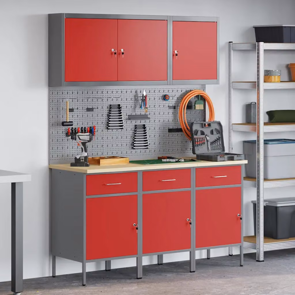 vidaXL Carrello da lavoro mobile con cassetto 8 pezzi in acciaio e legno, Rosso e Grigio