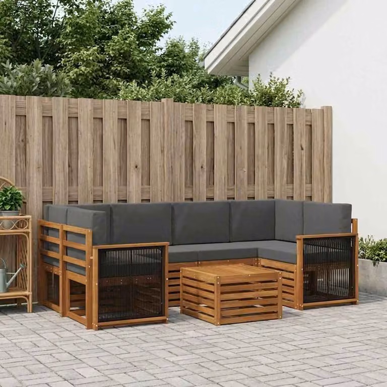 Set di divani da esterno vidaXL 7 pz in legno di acacia con tavolo da caffè, forma a L, colori beige e antracite