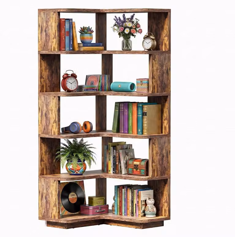 Scaffale angolare a 5 ripiani, stile rustico, colore marrone, altezza 162 cm