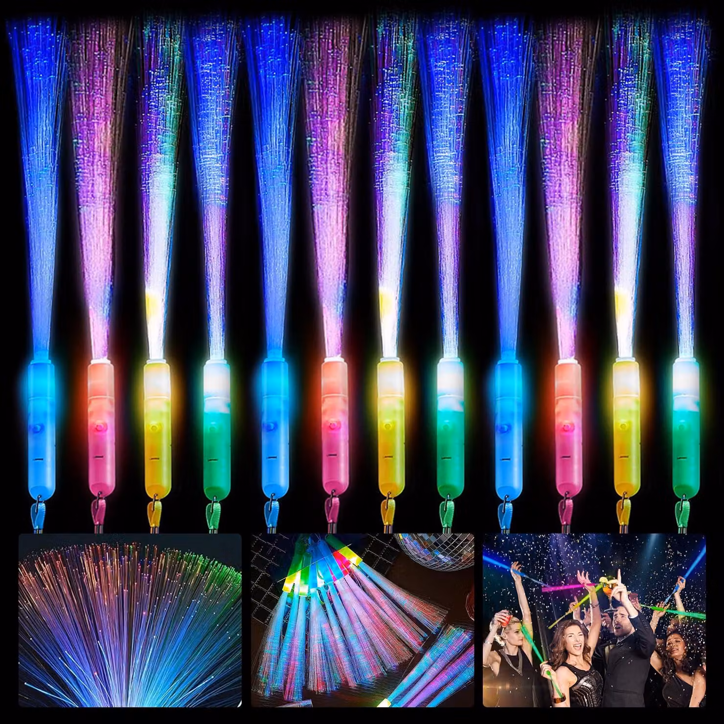 12 bastoncini di fibra ottica a LED, lunghezza 40 cm, multicolore, con cordoncino, ideali per feste