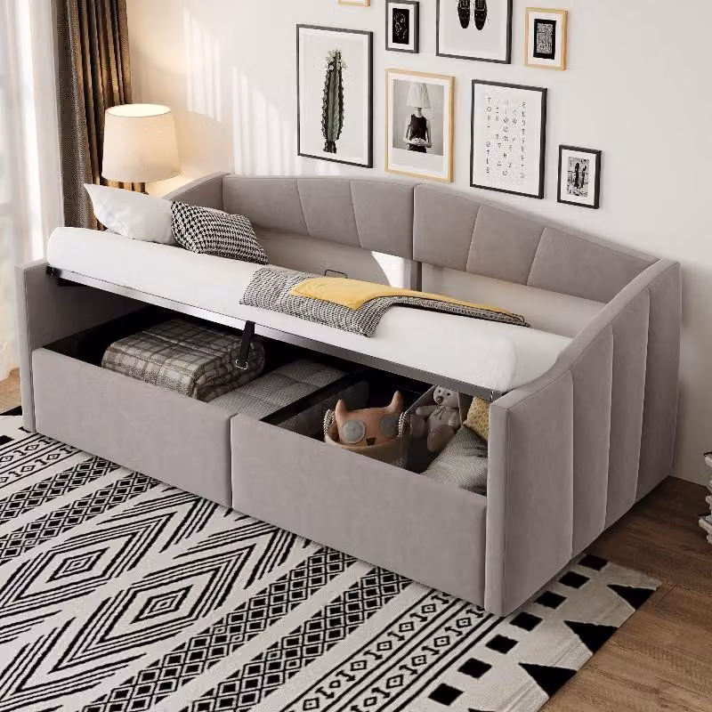 Letto imbottito 90x200 cm con spazio contenitore, letto singolo con rete a doghe, braccioli e schienale, rivestito in velluto color grigio chiaro, ideale per la camera da letto