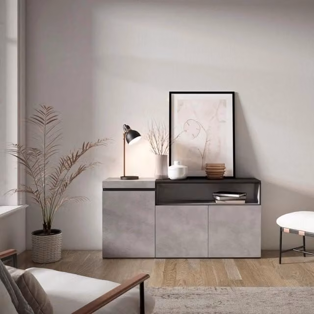Credenza, Mobile, 150x35x75cm, 3 Porte, grande stoccaggio, grigio cemento RF2496