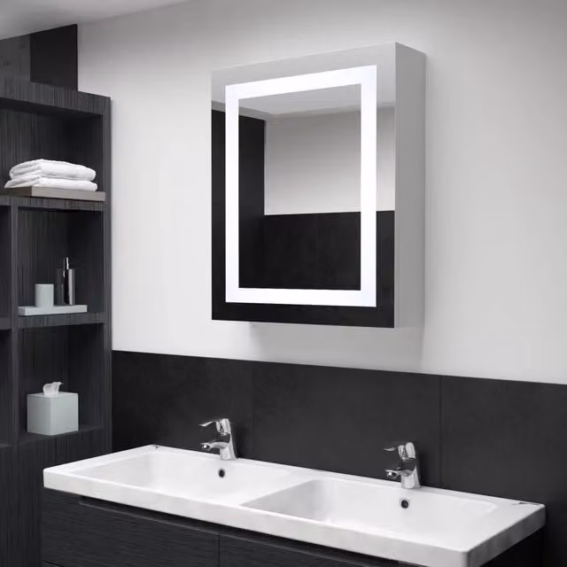 Armadietto da bagno moderno Design Mania con specchio e illuminazione LED, bianco e argento, L: 50 cm, P: 13 cm, H: 70 cm – 1