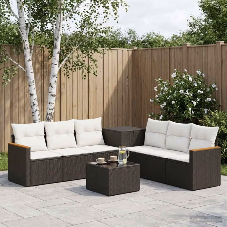Set di divani da giardino vidaXL a forma di U in polyrattan con tavolino e cuscini, Nero e Bianco Crema