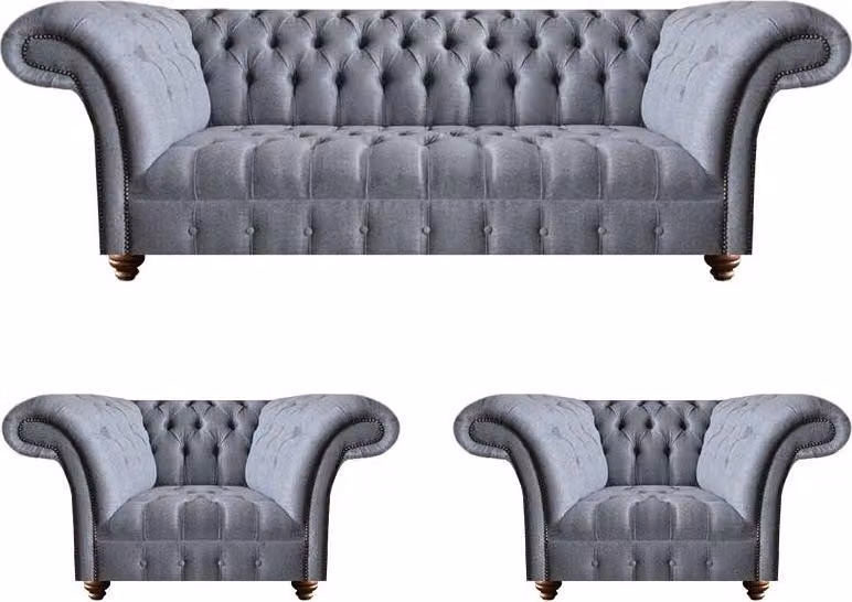 Chesterfield Hellgraue Sofagarnitur Edler Polster Dreisitzer 2x Sessel