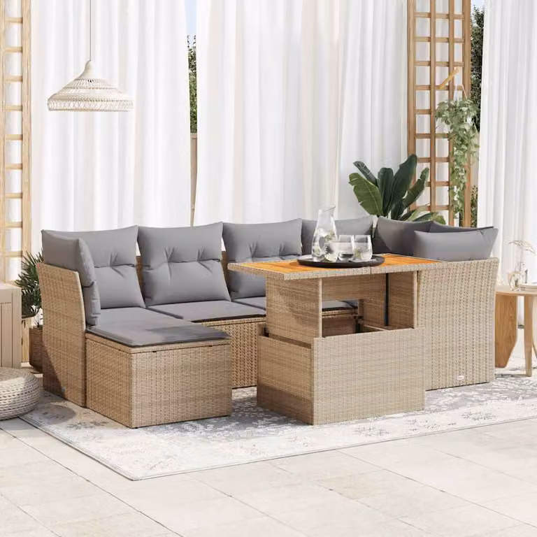 Set da giardino vidaXL in polyrattan composto da 7 pezzi con cuscini beige e tavolino da esterno in stile moderno