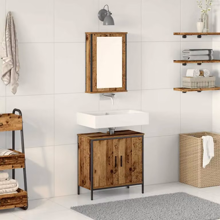 Set di mobili per il bagno vidaXL composto da mobile sottolavabo e armadietto con specchio in legno marrone e nero, design minimalista a parete