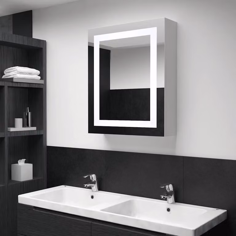 Armadietto da bagno con specchio e illuminazione LED vidaXL, moderno, bianco e argento, L: 50 cm, P: 13 cm, H: 70 cm