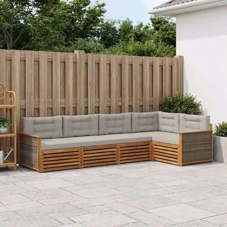 Set di divani da esterno vidaXL a forma di L in legno di acacia con cuscini, beige e grigio