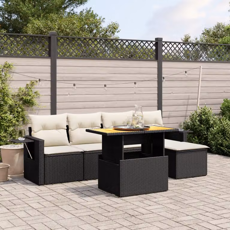 Set Divano da Giardino vidaXL 6 pz in Polyrattan Nero con Cuscini e Tavolino