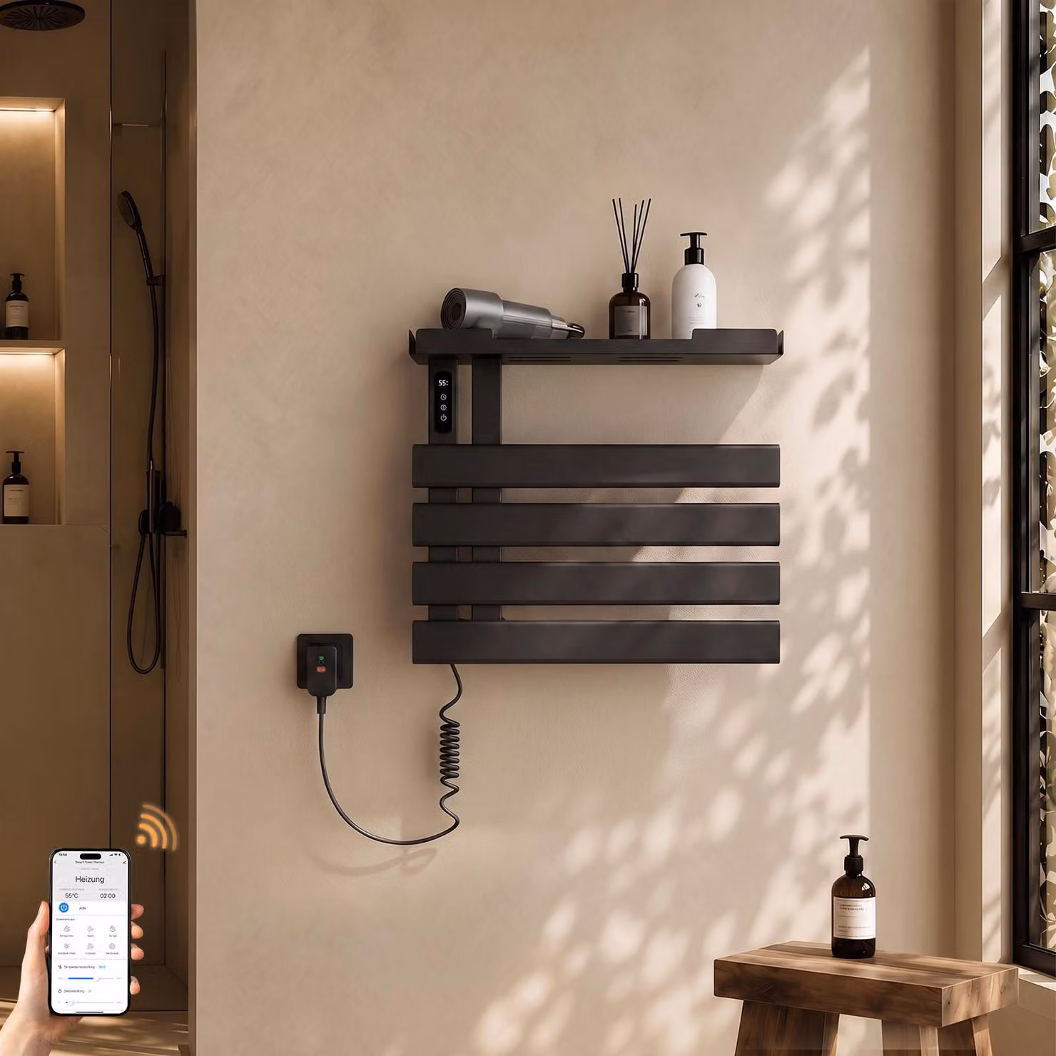 S'AFIELINA Scaldasalviette Elettrico con Ripiano 450×500 mm 148W Nero,Termoarredo WiFi, Riscaldamento in Fibra di Carbonio, 6 Modalità