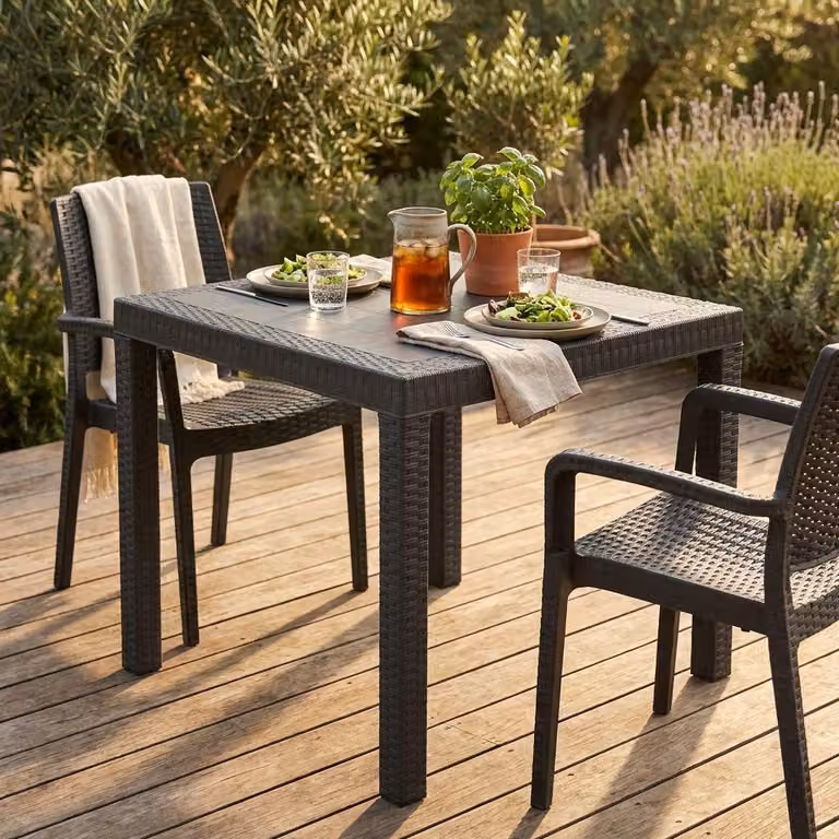 Milani Home - tavolo da giardino quadrato fisso in wicker effetto rattan stampato taupe, 80 x 80 cm, in polipropilene, per terrazzo e portico