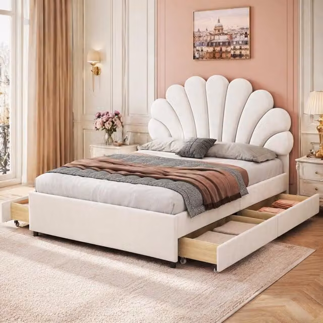 Letto matrimoniale imbottito 140 × 200 cm con 4 cassetti in velluto beige con testiera floreale e rete a doghe
