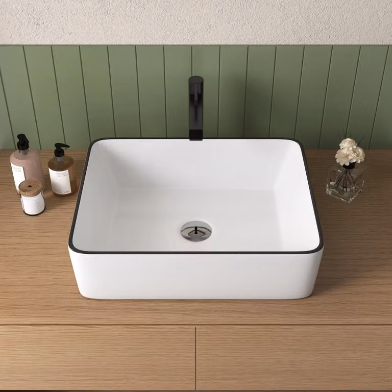 Lavabo da appoggio in Vetroceramica - Modello DV-1V0002 - Rettangolare - 47,5 x 37,5 cm - Capacità: 9 litri - Senza foro per rubinetteria - Superficie smaltata - Bordo nero