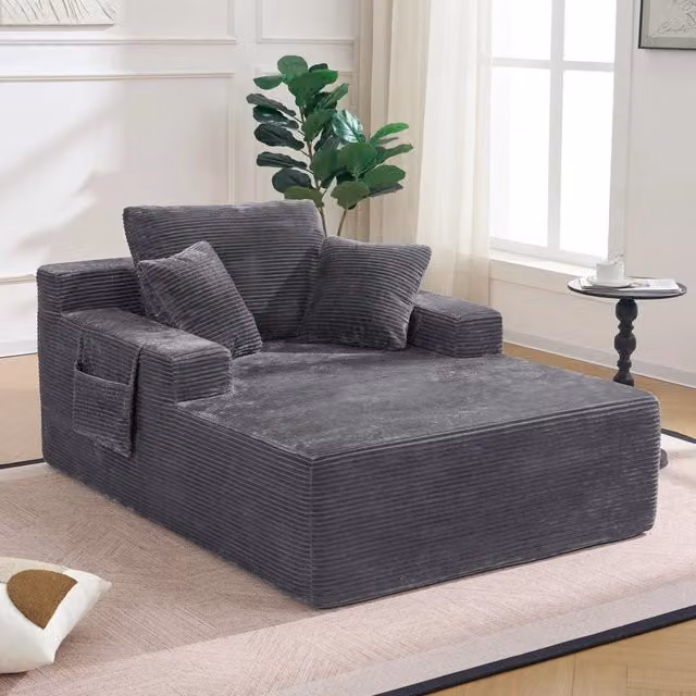 Divano in Tessuto a Coste con Cuscini Morbidi e Tasche Laterali ¨C MINIMAL ¨C Grigio
