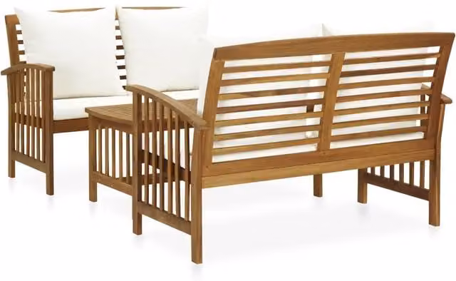 Set da Giardino vidaXL in Legno di Acacia con Cuscini Bianchi e Tavolino da 3 Pezzi