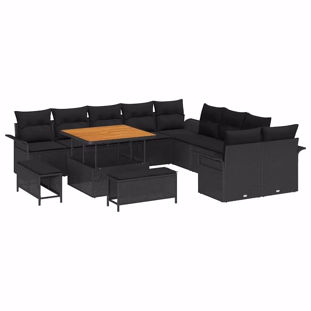 Set Divano da Giardino a Forma di U vidaXL Nero con Cuscini e Tavolino, 13 Pezzi – 2