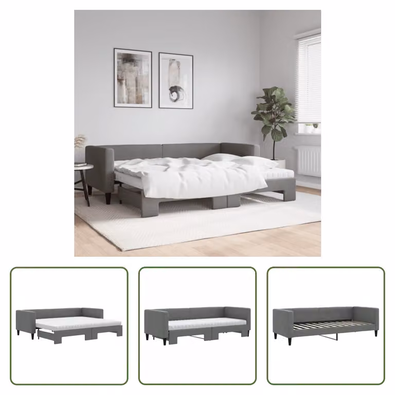 The Living Store Letto da giorno allungabile con materassi grigio scuro 80x200 cm in tessuto