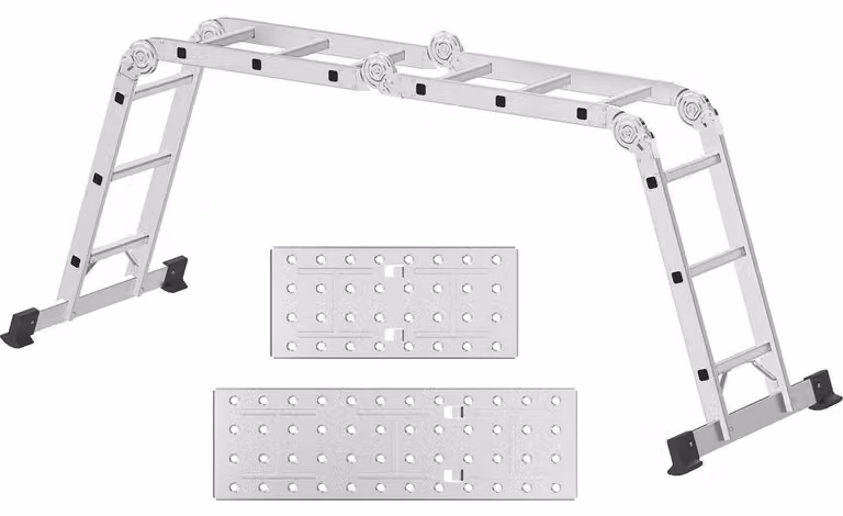 Scala multiuso in alluminio, 3,4 metri, 4x3 gradini, colore argento, certificata portata massima 150 kg
