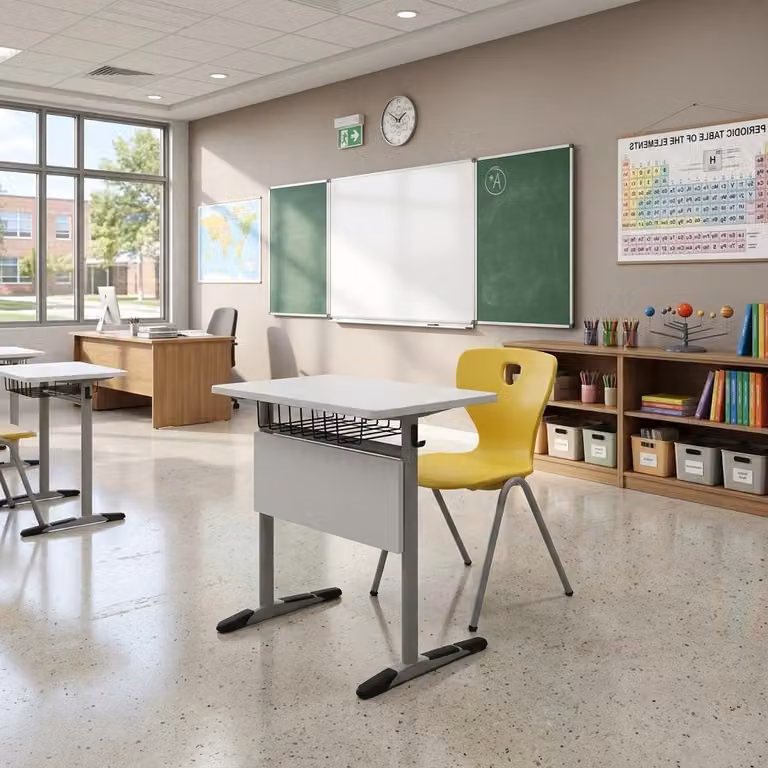 Set scolastico moderno ed ergonomico: scrivania grigia, sedia gialla, scrivania singola