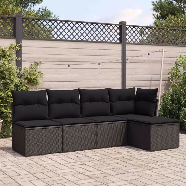 Set di Divani da Giardino vidaXL a Forma di L in Polyrattan Nero con Cuscini e Ottoman