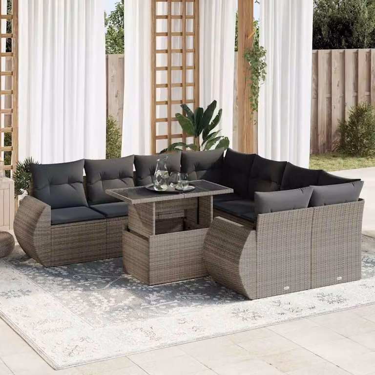 Set Divano da Giardino vidaXL 9 pz in Polyrattan Grigio con Cuscini