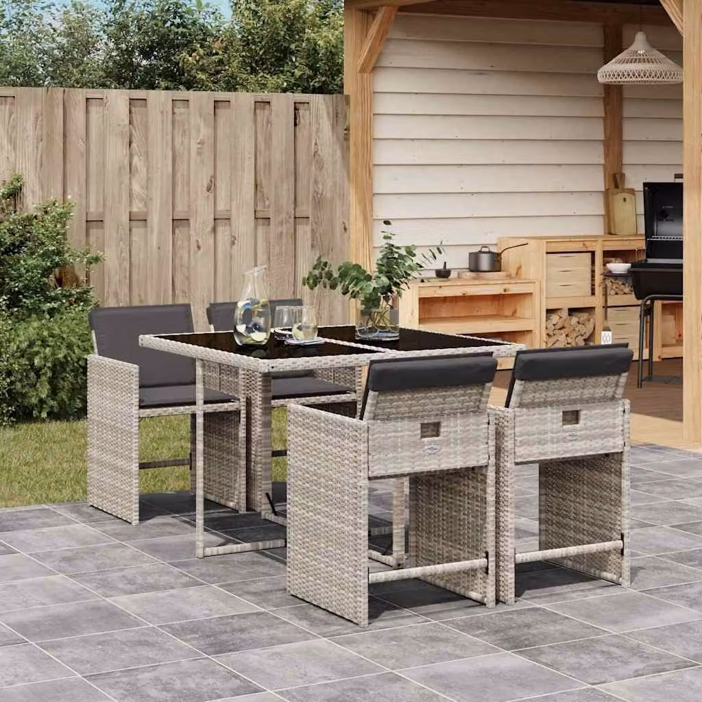 vidaXL Set Pranzo da Giardino 5 Pezzi in Polyrattan con Piano in Vetro e Cuscini Grigio Chiaro – 1