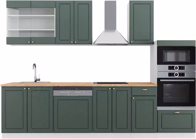 Cucina componibile Fame-Line Verde-oro rustico/Bianco 300 cm con armadio alto, PL Rovere Vicco