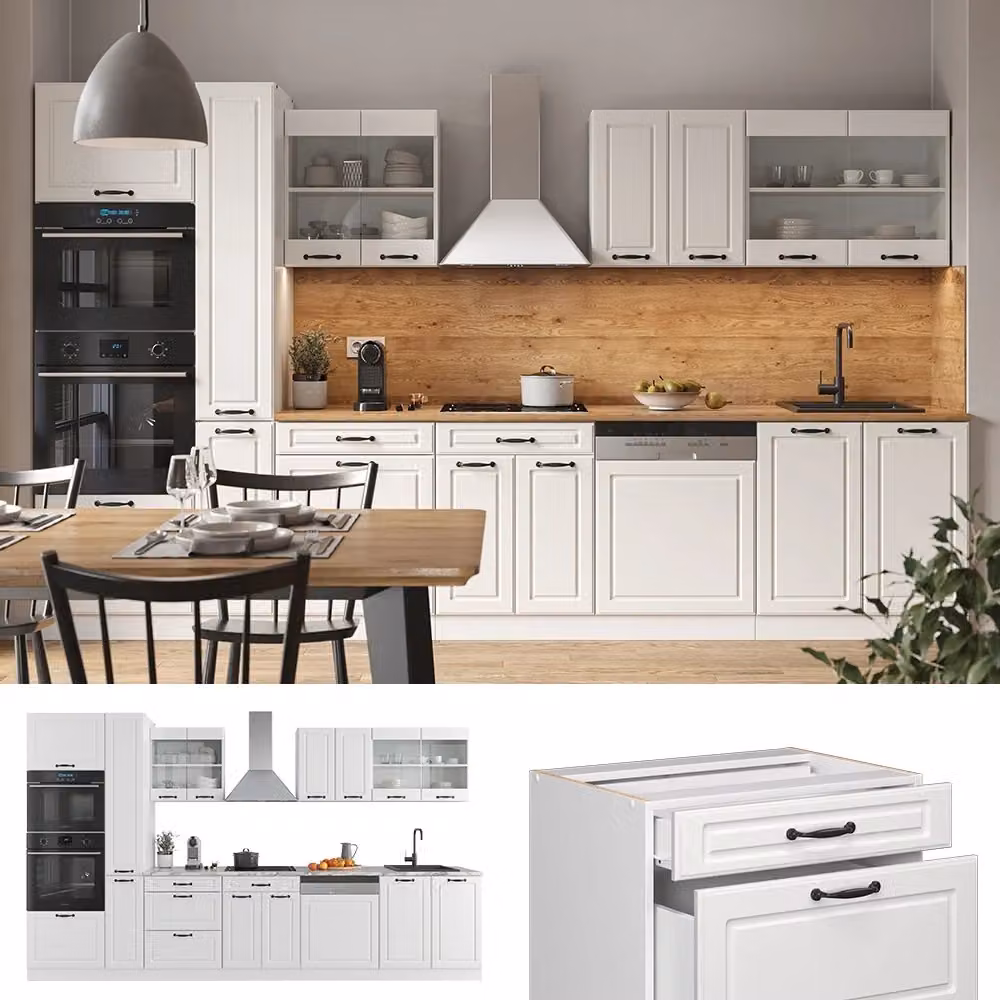 Mobile da cucina Vicco R-Line Bianco rustico con armadio alto e piano in Rovere, L: 350 cm, H: 255,7 cm, P: 60 cm – 2