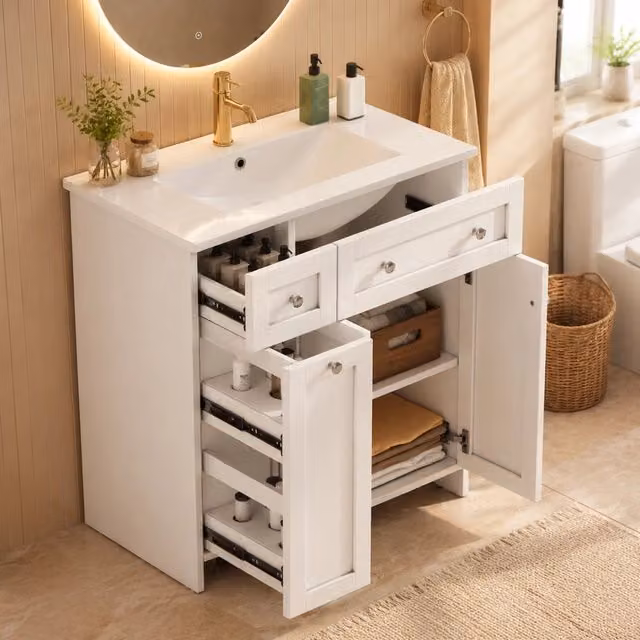 Mobile lavabo bagno 76x47x86 cm, bianco laccato, con lavandino in ceramica a tenuta stagna, 3 cassetti su guide silenziose, 1 anta e maniglie argentate