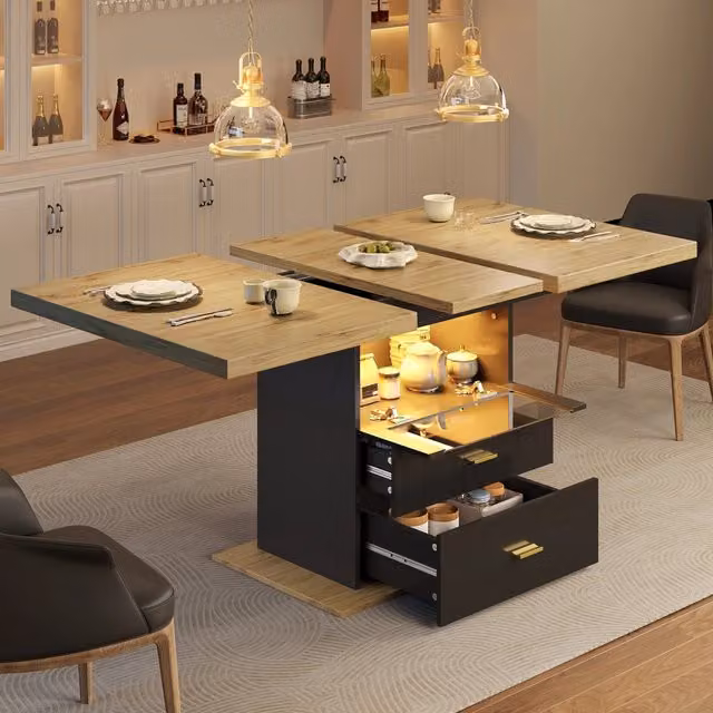 Tavolo da pranzo allungabile con 2 cassetti e LED, per cucina e soggiorno, in MDF e metallo, nero effetto legno moderno