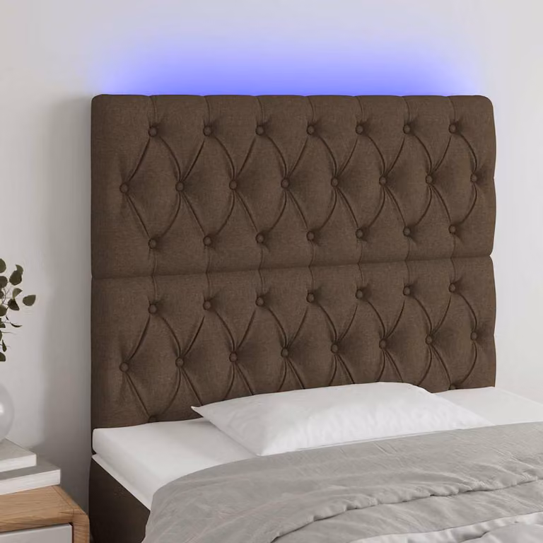 Testiera con LED e porta USB vidaXL in tessuto marrone scuro, L: 90 cm, H: 118-128 cm, P: 7 cm