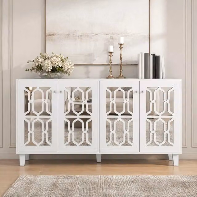 Credenza bianca con superficie a specchio; 4 ante e ripiano interno mobile; 160 x 40 x 84 cm