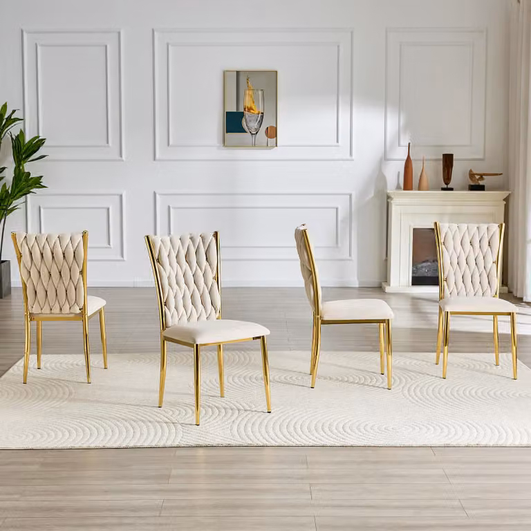 Sedia da pranzo imbottita in velluto beige con motivo intessuto a mano, gambe in metallo dorato, sedia laterale moderna per cucina e sala da pranzo. Colori: beige, oro