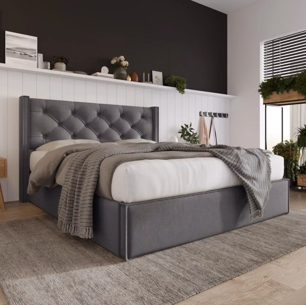 Letto imbottito moderno con contenitore e rete sollevabile grigio L/P: 160 x 200 cm – 2