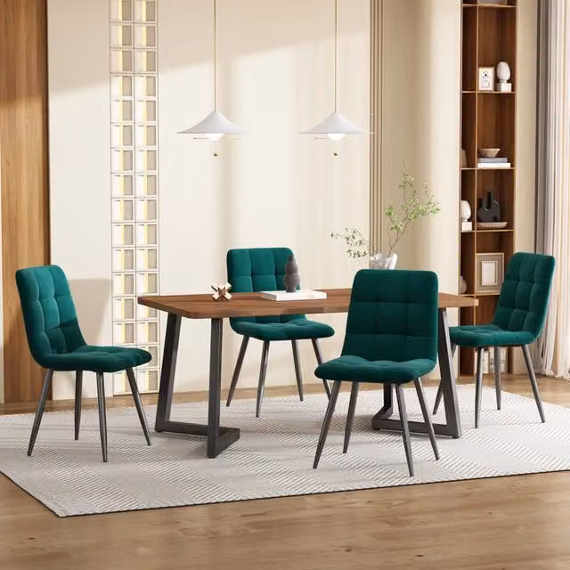 Tavolo da Pranzo Allungabile con 4 Sedie ¨C MINIMAL ¨C Piano MDF Noce, Gambe Metallo Nero, Velluto Verde