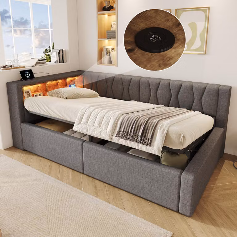 Divano letto idraulico 90x200 cm con porta USB, letto per ragazzi, divano letto singolo imbottito in ecopelle, divano letto trasformabile con contenitore, tessuto in lino, colore grigio