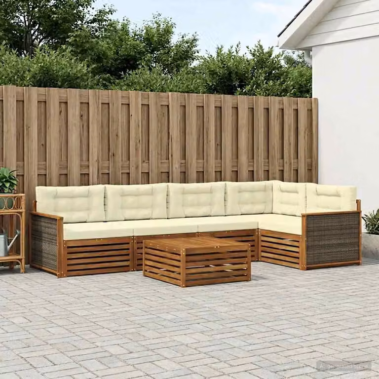 Set di divani da esterno vidaXL 6 pz in legno di acacia con cuscini, forma a L con tavolino, colori beige, bianco e marrone