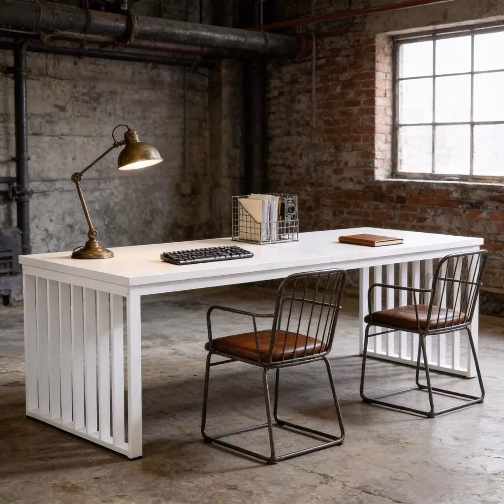 Scrivania da ufficio WISHDOR in stile industrial con piano in MDF laminato e struttura in metallo, bianco, L: 180 cm, P: 60 cm – 2