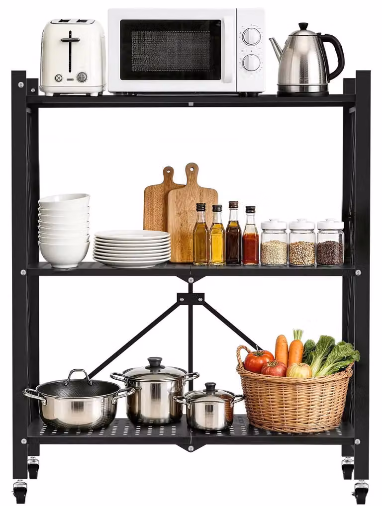 Scaffale metallico a 3 ripiani - Portaorganizzatore per cucina - Pieghevole - Acciaio inossidabile - Sistema scaffalatura autoportante - Ideale per cucina, garage e ufficio