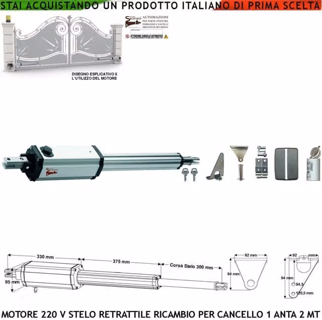 Motore Elettromeccanico 230 V Cancello Elettrico Stelo Retrattile Corsa 300 mm Anta Battente 2 Metri Spinta 250 Kg Sblocco a Chiave Ricambio Universale Securvera Completo di Staffe Bulloni