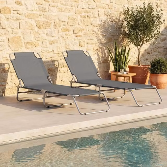 Set di 2 Lettini Prendisole in Carcao con Schienali Reclinabili e Tessuto Textilene Grigio Scuro CASA.PRO