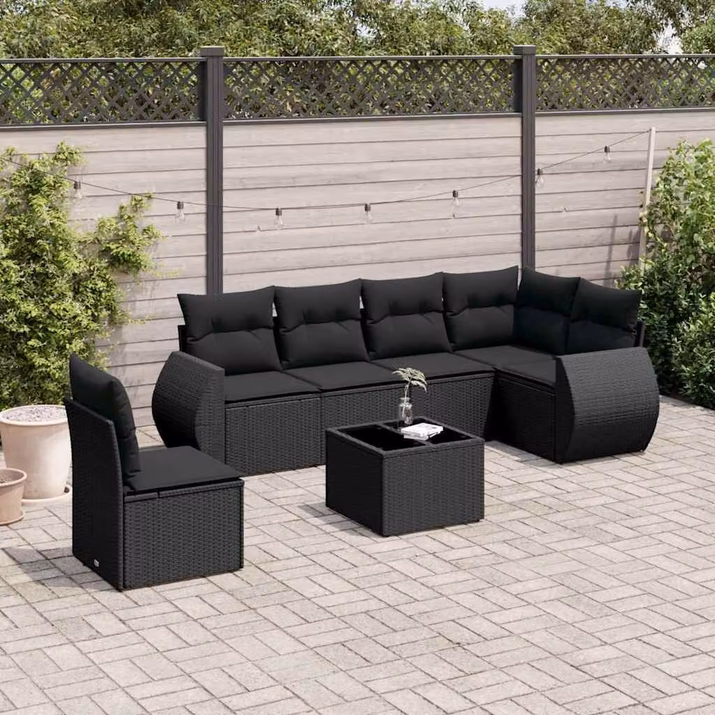 vidaXL Set Divani da Giardino a L con Cuscini 7pz Nero in Polyrattan e Acciaio – 1