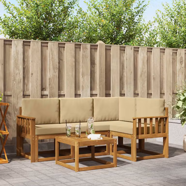 Set di divani da esterno vidaXL 5 pezzi in legno di acacia con cuscini beige e tavolo da caffè coordinato per giardino e terrazza
