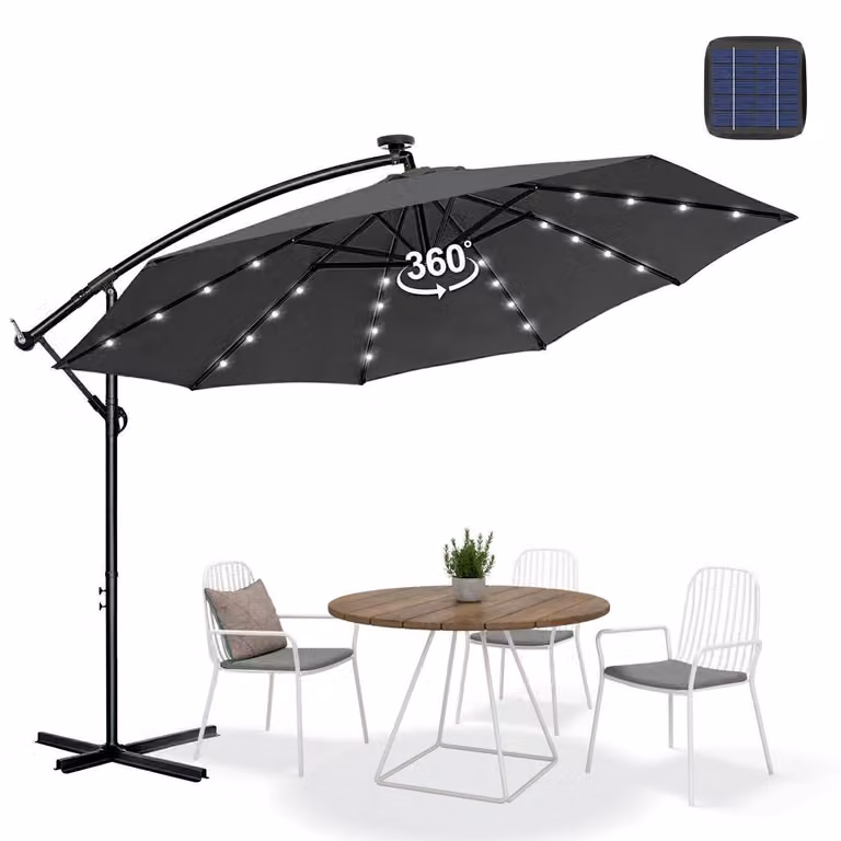 Ombrellone da giardino, diametro 300 cm, colore antracite, con luci LED, protezione UV, impermeabile, rotazione a 360°, stabilizzato contro il vento, sistema di apertura a manovella, struttura in alluminio, illuminazione solare