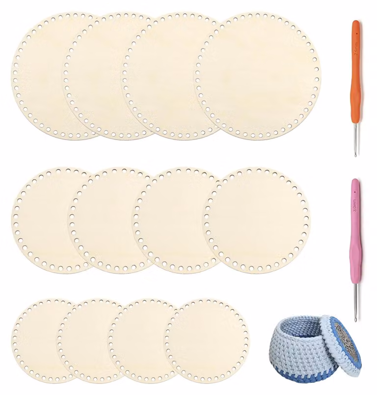 Sottopiatti all'uncinetto, confezione da 12 pezzi, in legno naturale, dimensioni 10/15/20 cm, con 2 aghi