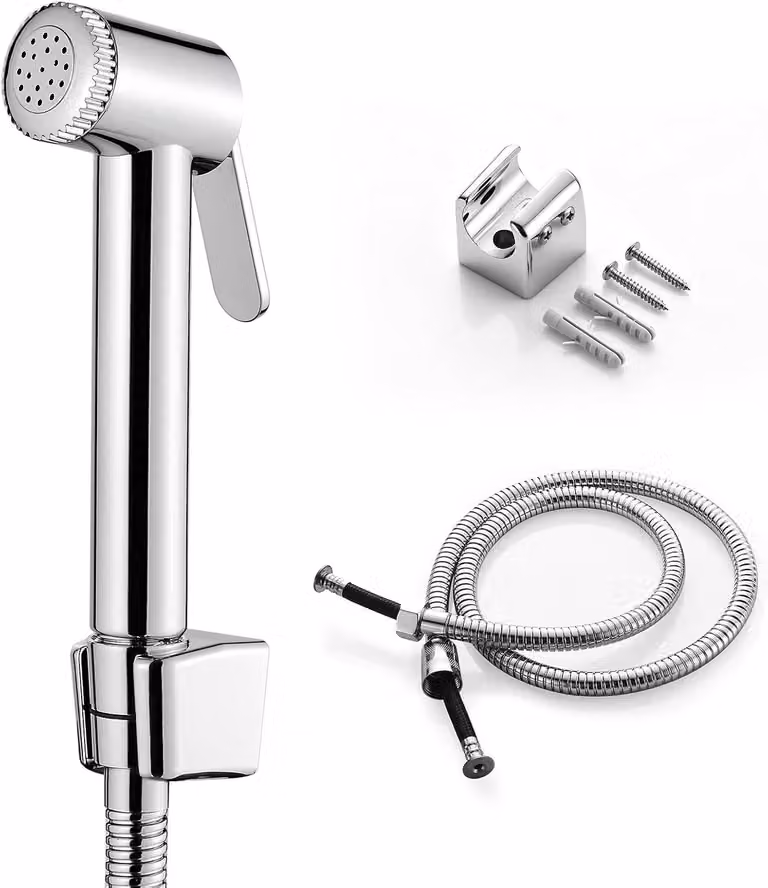 Doccia per bidet da collegare al water - Con supporto e tubo flessibile - Senza valvola - Cromato - Argento